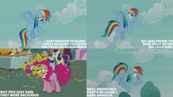 Size: 1280x720 | Tagged: safe, edit, edited screencap, editor:quoterific, imported from derpibooru, screencap, bon bon, comet tail, pinkie pie, rainbow dash, sweetie drops, earth pony, pegasus, pony, unicorn, season 7, secrets and pies, female, floppy ears, flying, food, male, mare, open mouth, open smile, pie, smiling, spread wings, stallion, text, wings