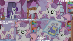 Size: 1280x720 | Tagged: safe, edit, edited screencap, editor:quoterific, imported from derpibooru, screencap, rarity, sweetie belle, pony, unicorn, ponyville confidential, season 2, book, carousel boutique, duo, female, filly, foal, magic, mannequin, mare, open mouth, telekinesis, text