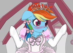 Size: 2000x1468 | Tagged: safe, artist:avchonline, imported from derpibooru, rainbow dash, pegasus, pony, semi-anthro, alice in wonderland, ballerina, blushing, breasts, clothes, crossover, cute, dashabetes, dress, female, floppy ears, food, jewelry, macro, mare, multicolored hair, rainbow dash always dresses in style, rainbowrina, tiara, tomboy taming, underwear