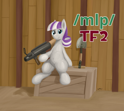 Size: 3683x3280 | Tagged: safe, artist:wapamario63, imported from derpibooru, twilight velvet, pony, unicorn, /mlp/ tf2 general, belly button, box, crossover, female, hoof hold, looking at you, mare, rocket launcher, shovel, sitting, smiling, smiling at you, soldier, solo, team fortress 2