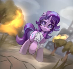 Size: 3008x2863 | Tagged: safe, artist:jfrxd, imported from derpibooru, starlight glimmer, pony, unicorn, clothes, female, fire, looking at you, mare, shirt, solo, tree, white pupils