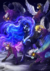 Size: 3508x4961 | Tagged: safe, artist:lupiarts, imported from derpibooru, fleetfoot, nightmare moon, princess flurry heart, princess luna, soarin', surprise, thunderlane, alicorn, pegasus, pony, 2022, alternate universe, armor, clothes, costume, dark, digital art, empress, epic, evil, evil grin, feather, female, flying, galaxy, goggles, grin, group, male, moon, night, shadowbolts, shadowbolts (nightmare moon's minions), shadowbolts costume, smiling, spread wings, teenage flurry heart, teenager, wings