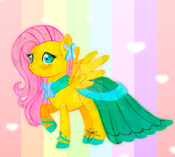 Size: 900x810 | Tagged: safe, artist:fofurastro, imported from derpibooru, fluttershy, pegasus, pony, blushing, clothes, cute, deviantart watermark, dress, gala dress, heart, obtrusive watermark, rainbow background, redraw, shyabetes, solo, traditional art, watermark