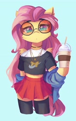 Size: 2576x4096 | Tagged: safe, artist:saxopi, imported from derpibooru, fluttershy, pegasus, semi-anthro, belly, belly button, blue background, cheek fluff, clothes, colored pupils, drinking straw, eyebrows, eyebrows visible through hair, eyelashes, female, glasses, high res, jewelry, leggings, looking at you, milkshake, nike, pendant, plastic cup, product placement, round glasses, simple background, skirt, solo, standing, sunglasses, wing fluff, wings, zettai ryouiki