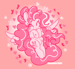 Size: 1010x928 | Tagged: safe, artist:cutiesparke, imported from derpibooru, pinkie pie, butterfly, pegasus, ^^, belly button, eyes closed, female, flower, fluffy mane, flying, happy, heart, hoof heart, pegasus pinkie pie, poofy mane, race swap, solo, spread wings, watermark, wings