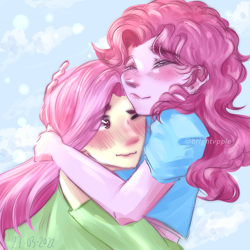 Size: 2500x2500 | Tagged: safe, artist:rmariansj, imported from derpibooru, fluttershy, pinkie pie, human, blushing, blushing profusely, duo, duo female, eyes closed, female, flutterpie, high res, hug, humanized, lesbian, one eye closed, pony coloring, shipping, smiling, wavy mouth