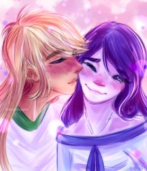 Size: 3000x3500 | Tagged: safe, artist:rmariansj, imported from derpibooru, applejack, rarity, human, equestria girls, abstract background, blushing, blushing profusely, cheek kiss, duo, duo female, eyes closed, female, high res, kissing, lesbian, rarijack, shipping, smiling