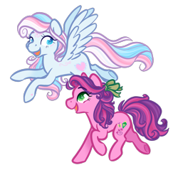 Size: 1905x1821 | Tagged: safe, artist:howdyhorsey, imported from derpibooru, skywishes, star catcher, earth pony, pegasus, pony, blue hair, bow, curly hair, cutewishes, duo, duo female, female, flying, g3, hair bow, happy, lesbian, long mane, looking at each other, looking at someone, mare, multicolored hair, multicolored mane, pink coat, pink hair, purple hair, running, shipping, simple background, skycatcher, smiling, stylized, transparent background, white coat, white hair