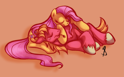 Size: 3053x1900 | Tagged: safe, artist:littletiger488, color edit, edit, imported from derpibooru, big macintosh, fluttershy, earth pony, pony, brown background, colored, cuddling, female, fluttermac, lying down, male, mare, shipping, simple background, sleeping, smiling, stallion, straight, straw in mouth