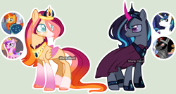 Size: 1896x1016 | Tagged: safe, artist:stormcloud-yt, imported from derpibooru, king sombra, princess cadance, shining armor, sunburst, oc, pegasus, pony, unicorn, base used, cloak, clothes, colored wings, female, horn, looking back, magical gay spawn, male, mare, offspring, parent:king sombra, parent:princess cadance, parent:shining armor, parent:sunburst, pegasus oc, peytral, screencap reference, simple background, stallion, two toned wings, unicorn oc, wings