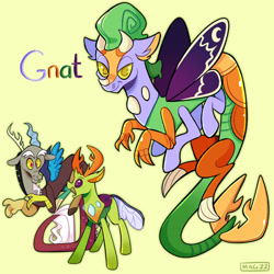 Size: 1280x1280 | Tagged: safe, artist:3ggmilky, imported from derpibooru, discord, thorax, oc, oc:gnat, changedling, changeling, draconequus, changeling king, discorax, gay, interspecies offspring, king thorax, magical gay spawn, male, next generation, offspring, parent:discord, parent:thorax, parents:discorax, simple background, yellow background