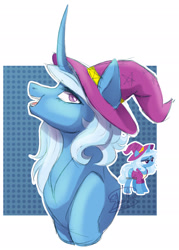 Size: 1375x1924 | Tagged: safe, artist:stormcloud-yt, imported from derpibooru, trixie, pony, unicorn, abstract background, bust, curved horn, female, hat, horn, looking at you, mare, smiling, solo, witch hat