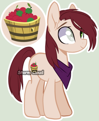 Size: 1647x2012 | Tagged: safe, artist:stormcloud-yt, imported from derpibooru, oc, oc only, earth pony, pony, apple, base used, basket, earth pony oc, female, food, mare, neckerchief, offspring, parent:big macintosh, parent:sugar belle, parents:sugarmac, simple background