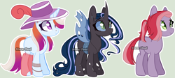 Size: 4789x2137 | Tagged: safe, artist:stormcloud-yt, imported from derpibooru, oc, oc only, changeling queen, earth pony, pony, unicorn, base used, blue changeling, changeling queen oc, earth pony oc, female, hat, horn, mare, simple background, sun hat, unicorn oc