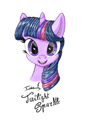 Size: 2481x3508 | Tagged: safe, artist:memprices, imported from derpibooru, twilight sparkle, alicorn, pony, bust, cute, ear fluff, ears up, female, front view, high res, horn, looking at you, mare, open mouth, open smile, pencil, portrait, signature, simple background, smiling, solo, twiabetes, twilight sparkle (alicorn), white background