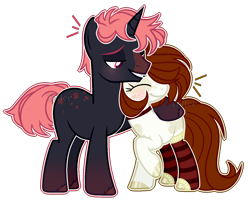 Size: 1342x1085 | Tagged: safe, artist:toffeelavender, imported from derpibooru, oc, oc only, pony, unicorn, base used, clothes, duo, eyelashes, female, hoof polish, horn, leg warmers, male, mare, side hug, simple background, size difference, stallion, transparent background, unicorn oc