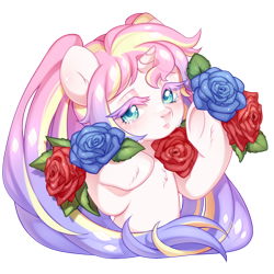 Size: 1024x1024 | Tagged: safe, artist:miioko, imported from derpibooru, oc, oc only, pony, unicorn, bust, commission, deviantart watermark, eyelashes, female, flower, horn, mare, obtrusive watermark, rose, simple background, solo, transparent background, unicorn oc, watermark, ych result