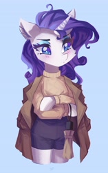 Size: 2576x4096 | Tagged: safe, artist:saxopi, imported from derpibooru, rarity, semi-anthro, unicorn, blue eyes, blue eyeshadow, blushing, clothes, ear fluff, eyebrows, eyebrows visible through hair, eyelashes, eyeshadow, female, high res, horn, looking sideways, makeup, messy mane, no pupils, shorts, simple background, solo, sweater, trenchcoat, umbrella