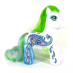 Size: 1000x1000 | Tagged: safe, imported from derpibooru, earth pony, peacock, pony, art pony, blue eyes, blue eyeshadow, eyeshadow, figure, g3, gradient legs, green eyeshadow, green hair, green mane, long mane, makeup, merchandise, mlp fair, neon, peacock pony, toy, white coat