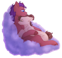 Size: 1800x1703 | Tagged: safe, artist:purplegrim40, imported from derpibooru, oc, oc only, pony, cloud, duo, eyes closed, hug, oc x oc, on a cloud, shipping, simple background, sleeping, snuggling, transparent background
