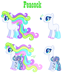 Size: 835x957 | Tagged: safe, artist:tuttyfruitcutie, imported from derpibooru, bird, earth pony, peacock, pony, art pony, blue eyes, colored hooves, curly hair, eyeshadow, flowing mane, g3, g3 to g4, g4, generation leap, gradient legs, green eyeshadow, long mane, magical lesbian spawn, makeup, multicolored hair, multicolored mane, neon, neon pony, offspring, peacock pony, redesign, reference sheet, simple background, solo, transparent background, white body