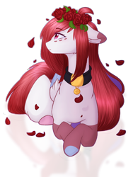 Size: 1500x2000 | Tagged: safe, artist:purplegrim40, imported from derpibooru, oc, oc only, pegasus, pony, collar, floral head wreath, flower, looking at something, lying down, pegasus oc, petals, prone, rose, simple background, solo, transparent background