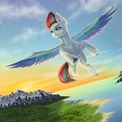 Size: 2000x2000 | Tagged: safe, artist:querisyart, imported from derpibooru, zipp storm, pegasus, pony, female, flying, g5, grin, high res, mare, mountain, ocean, signature, sky, smiling, solo, spread wings, water, wings