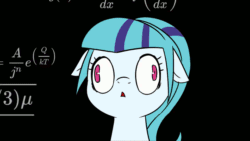 Size: 960x540 | Tagged: safe, artist:doublewbrothers, editor:flynnmlp, imported from derpibooru, sonata dusk, earth pony, pony, animated, black background, confused, equestria girls ponified, female, floppy ears, gif, mare, math, math lady meme, ponified, simple background, solo, staring at you, thinking