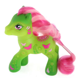 Size: 476x476 | Tagged: safe, imported from derpibooru, butterfly, earth pony, pony, art pony, body markings, dandelion pony, dots, facial markings, flower, g3, gradient legs, green coat, markings, merchandise, pattern, photo, pink hair, pink mane, simple background, solo, toy, white background
