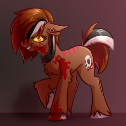 Size: 4000x4000 | Tagged: safe, artist:witchtaunter, imported from derpibooru, oc, oc only, earth pony, pony, absurd resolution, blood, chest fluff, commission, ear fluff, ear piercing, earring, earth pony oc, edgy, female, glowing, glowing eyes, gradient background, grin, hair over one eye, jewelry, necklace, oc name needed, piercing, raised hoof, red eyes, shoulder fluff, smiling, solo, stripes