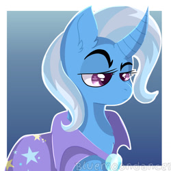 Size: 1280x1280 | Tagged: safe, artist:bluemoon, imported from derpibooru, trixie, pony, unicorn, cape, clothes, curved horn, ear fluff, female, horn, looking down, mare, out of frame, raised eyebrow, signature, solo, trixie's brooch, trixie's cape, unamused