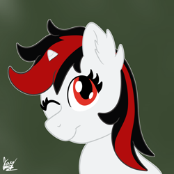 Size: 2048x2048 | Tagged: safe, artist:jay_wackal, imported from derpibooru, oc, oc only, oc:blackjack, pony, unicorn, fallout equestria, fallout equestria: project horizons, fanfic art, horn, looking at you, one eye closed, small horn, solo, wink, winking at you