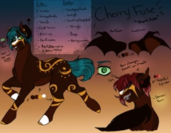 Size: 4096x3177 | Tagged: safe, artist:inisealga, imported from derpibooru, oc, oc only, oc:cherry fuse, bat pony, hybrid, pony, succubus, bat wings, coat markings, color palette, fangs, female, gradient background, high res, mare, reference sheet, solo, wings