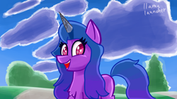 Size: 3840x2160 | Tagged: safe, artist:llamalauncher, imported from derpibooru, izzy moonbow, pony, unicorn, 16:9, 4k, chest fluff, cloud, female, g5, high res, horn, looking at you, mare, open mouth, signature, solo, tree