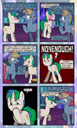 Size: 1920x3169 | Tagged: safe, artist:alexdti, imported from derpibooru, oc, oc only, oc:brainstorm (alexdti), oc:star logic, pony, unicorn, comic:quest for friendship, abuse, angry, blushing, blushing profusely, comic, crying, dialogue, dot eyes, duo, duo male, ears back, eye contact, frown, gritted teeth, high res, hoof over mouth, hooves, horn, implied twilight sparkle, lidded eyes, looking at each other, looking at someone, looking away, male, misspelling, open mouth, raised hoof, sad, shadow, speech bubble, stallion, standing, tail, talking, tears of anger, tears of rage, teeth, twilight's castle, two toned mane, two toned tail, underhoof, unicorn oc, wall of tags, yelling