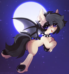 Size: 1280x1386 | Tagged: safe, artist:astralblues, imported from derpibooru, oc, oc:morning melody, bat pony, pony, choker, female, flying, mare, moon, night, solo, spiked choker