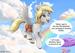 Size: 3508x2480 | Tagged: safe, artist:pwnagespartan, imported from derpibooru, derpy hooves, pegasus, pony, airship, bag, blushing, cloud, cute, derpabetes, female, flying, food, hot air balloon, muffin, rainbow, saddle bag, sky, solo, speech bubble, zeppelin