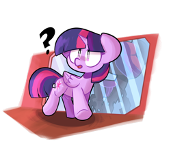 Size: 2400x2000 | Tagged: safe, artist:ronin20181, imported from derpibooru, twilight sparkle, alicorn, changeling, pony, disguise, disguised changeling, female, mirror, partial background, purple changeling, question mark, solo, transparent background, twilight sparkle (alicorn)