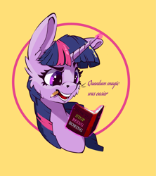 Size: 1743x1965 | Tagged: safe, artist:i love hurt, imported from derpibooru, twilight sparkle, pony, unicorn, book, bust, female, g4, head, mare, nimbus, pencil in mouth, portrait, simple background, simple shading, solo, thinking, unicorn twilight