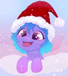 Size: 1834x2048 | Tagged: safe, artist:saphypone, imported from derpibooru, oc, oc only, pony, christmas, female, hat, holiday, not izzy moonbow, open mouth, santa hat, snow, solo