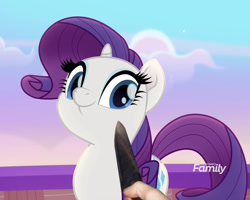 Size: 1358x1088 | Tagged: safe, edit, edited screencap, imported from derpibooru, screencap, rarity, human, pony, unicorn, rainbow roadtrip, female, horn, knife, knife cat, looking at you, mare, meme, ponified meme