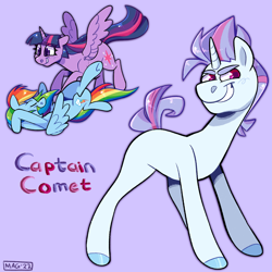 Size: 2048x2048 | Tagged: safe, artist:3ggmilky, imported from derpibooru, rainbow dash, twilight sparkle, oc, oc:captain comet, alicorn, pegasus, pony, unicorn, female, horn, lesbian, magical lesbian spawn, male, next generation, offspring, parent:rainbow dash, parent:twilight sparkle, parents:twidash, shipping, simple background, twidash, twilight sparkle (alicorn), unicorn oc