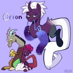 Size: 2048x2048 | Tagged: safe, artist:3ggmilky, imported from derpibooru, discord, tempest shadow, oc, oc:orion, draconequus, hybrid, unicorn, blue background, broken horn, draconequus oc, female, horn, horns, interspecies offspring, male, next generation, offspring, parent:discord, parent:tempest shadow, parents:tempestcord, shipping, simple background, straight, tempestcord