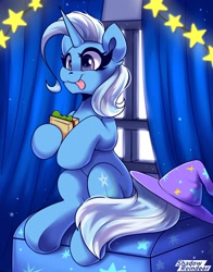 Size: 1300x1655 | Tagged: safe, artist:shadowreindeer, imported from derpibooru, trixie, pony, unicorn, :p, clothes, cute, diatrixes, ear fluff, eyelashes, female, food, hat, home, horn, jam, mare, sandwich, signature, sitting, smiling, solo, tail, tongue out, trixie's hat