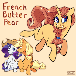 Size: 2048x2048 | Tagged: safe, artist:3ggmilky, imported from derpibooru, applejack, rarity, oc, oc:french pear butter, pony, unicorn, accessory swap, applejack's hat, cowboy hat, female, hat, horn, lesbian, magical lesbian spawn, next generation, offspring, one eye closed, orange background, parent:applejack, parent:rarity, parents:rarijack, rarijack, shipping, simple background, unicorn oc, wink