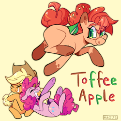 Size: 2048x2048 | Tagged: safe, artist:3ggmilky, imported from derpibooru, applejack, pinkie pie, oc, oc:toffee apple, earth pony, pony, applepie, earth pony oc, eyes closed, female, laughing, lesbian, magical lesbian spawn, next generation, offspring, parent:applejack, parent:pinkie pie, parents:applepie, shipping, simple background