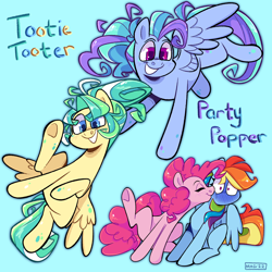 Size: 2048x2048 | Tagged: safe, artist:3ggmilky, imported from derpibooru, pinkie pie, rainbow dash, oc, oc:party popper, oc:tootie tooter, earth pony, pegasus, pony, blue background, blushing, blushing profusely, cheek kiss, eyes closed, female, kissing, lesbian, magical lesbian spawn, next generation, offspring, parent:pinkie pie, parent:rainbow dash, parents:pinkiedash, pegasus oc, pinkiedash, shipping, simple background