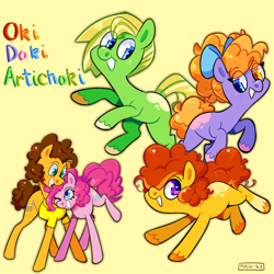 Size: 2048x2048 | Tagged: safe, artist:3ggmilky, imported from derpibooru, cheese sandwich, pinkie pie, oc, oc:artichoki, oc:doki, oc:oki, earth pony, pony, cheesepie, earth pony oc, female, male, next generation, offspring, parent:cheese sandwich, parent:pinkie pie, parents:cheesepie, shipping, simple background, straight, yellow background