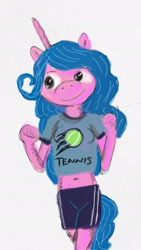 Size: 1080x1920 | Tagged: safe, artist:kaykeyser, imported from derpibooru, izzy moonbow, anthro, unicorn, ball, clothes, female, g5, izzy's tennis ball, shirt, shorts, simple background, smiling, solo, tennis ball