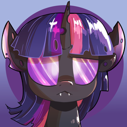 Size: 2000x2000 | Tagged: safe, artist:ronin20181, imported from derpibooru, twilight sparkle, changeling, :<, bust, changelingified, fangs, female, frown, purple changeling, solo, species swap